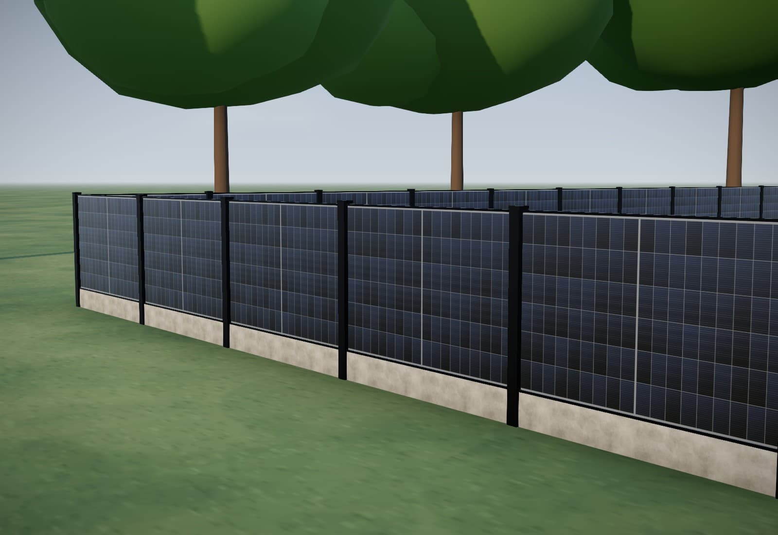 Close-up van een SolarFence: glas-glas zonnepanelen liggend tussen zwarte stalen palen, op een betonplaat